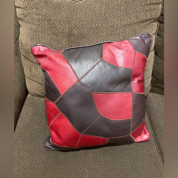 1 Brown Burgundy Leather Print Patch Work Decorative Throw Pillows  15x15” - Picture 5 of 7